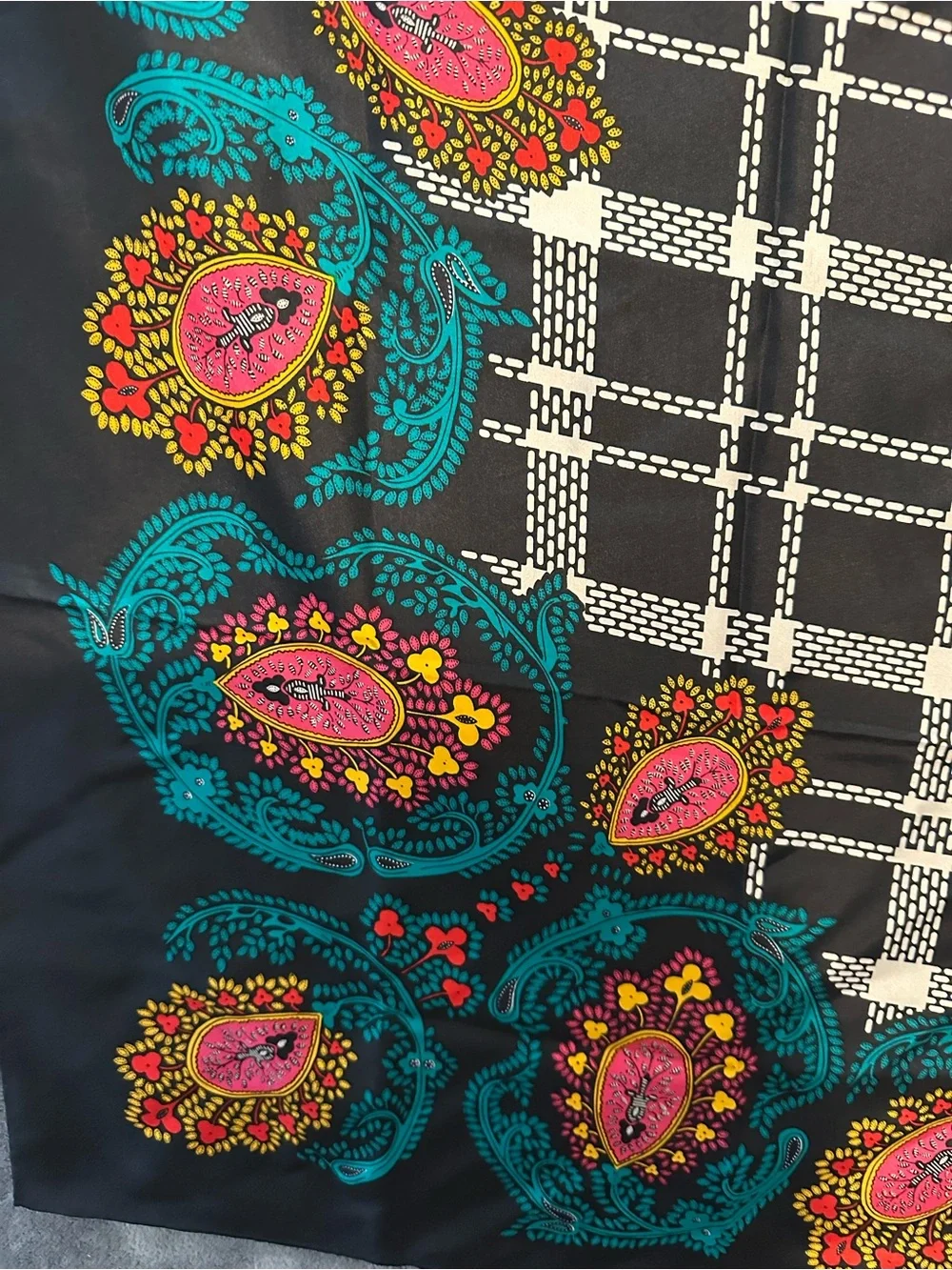 Vintage Diane Von Furstenberg Black Scarf with Teal, Pink & Yellow Paisley Plaid
